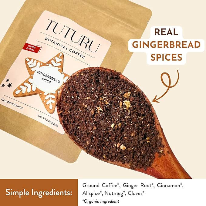 Organic Gingerbread Ground Coffee - Medium Roast, Flavored Coffee - Real Gingerbread Spices - Smooth Low-Acid- Perfect for Drip, Pour Over or Cold Brew - 8 oz, 22 Servings