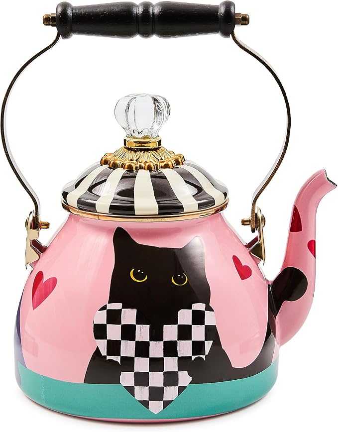 MACKENZIE-CHILDS Enamel Tea Kettle, Cute Tea Kettle for Stovetop, 2 Quarts, Cat Love
