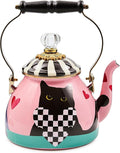 MACKENZIE-CHILDS Enamel Tea Kettle, Cute Tea Kettle for Stovetop, 2 Quarts, Cat Love