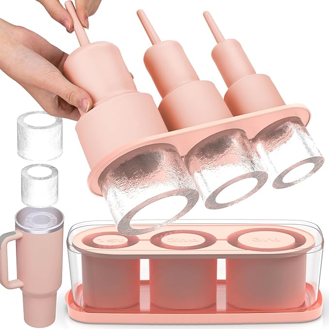 Ice Cube Tray for Tumbler Cup 30Oz-40Oz, 3 Pcs Silicone Cylinder Ice Mold with Lid and Bin for Freezer, Easy Fill and Release Ice Maker for Whiskey, Cocktail BPA-Free (Pink, 40Oz)