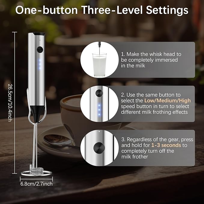 Rechargeable Milk Frother with Stand, Electric Frother Wand Handheld Coffee Foam Maker Detachable Stainless Steel Whisk Drink Mixer Foamer for Latte, Cappuccino, Hot Chocolate, Egg (Silver)