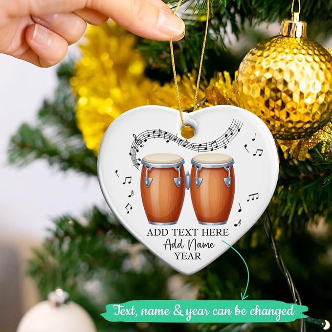 Bongo Drums Ceramic Ornament Gift for Music Band, Personalized Drummer Xmas Tree Ornaments with Text Name Year, Custom Bongo Drums Player Christmas Ornament 2025, Instruments Xmas Keepsakes