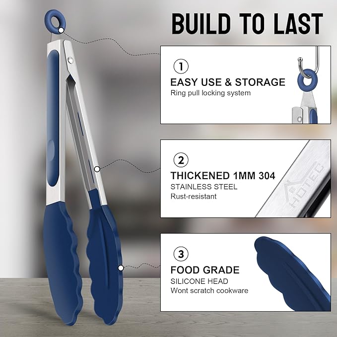 HOTEC Premium 7 & 9 Inch Kitchen Tongs, Stainless Steel Locking Cooking Tongs with Silicone Tips, Non-Scratch & Heat Resistant, Serving Tongs for Salad, BBQ, Classic Blue, Set of 2