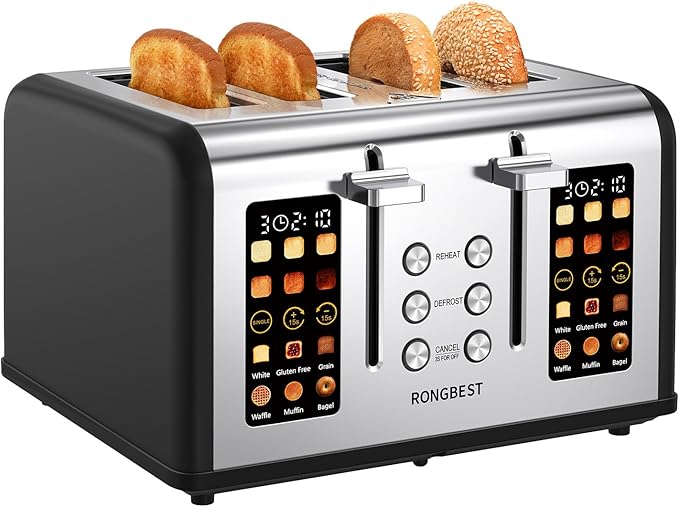 4 Slice Touch Screen Toaster, Stainless Steel Toaster with Wide Slots for Bagels and Bread, Reheat/Defrost/Cancel Functions, Removable Crumb Tray, Matt Black