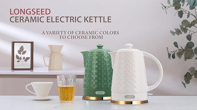 Ceramic Electric Kettle, 1.5L/1200W Boil Water Quickly and Easily with Boil-Dry Protection Auto Shut Off, Detachable Swivel Base, White Relief Carving