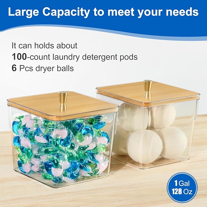 Hudgan 4 Pack Acrylic Storage Containers with Measuring Scoops for Kitchen, Laundry, Pantry, Clear Sturdy Plastic with Gold Handle Perfect for Dried Goods, Snacks, Detergent