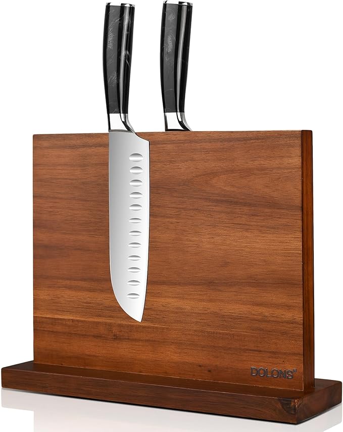 Magnetic Knife Block, Thickened Acacia Wood Kitchen Knife Holder Stand with Strong Magnets, Multifunctional Double Side Knife Storage Organizer for Kitchen Counter (Brown)