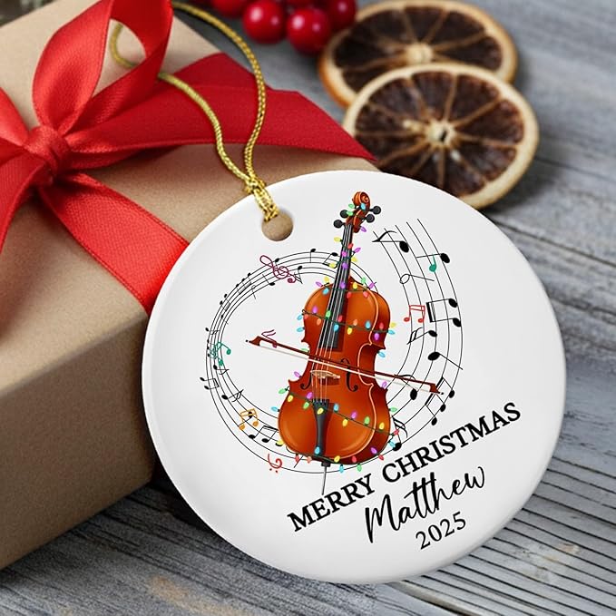 Personalized Text Year Name Cello Player Ceramic Ornament, Customized Keepsake Xmas Ornament Gift for Women Men Cellist Daughter Son Husband Wife, Unique Cello Musical Instrument Ceramic Ornaments