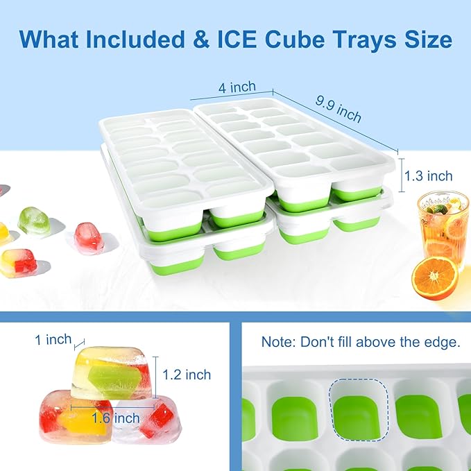 Ice Cube Tray, Ice Cube Trays for Freezer 4 Pack with Lids, Ice Tray Easy-Release, Ice Trays for Freezer Stackable, Silicone Ice Cube Tray for Drinks, Coffee - BPA-Free and Odor-Free