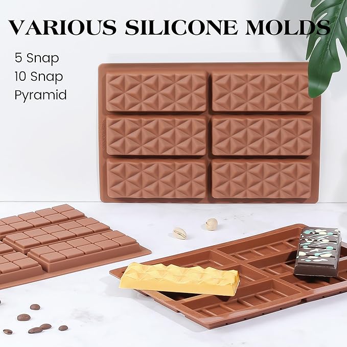 2 Pcs Chocolate Bar Mold Deep Dubai Stuffed Silicone Molds for Filling Knafeh Pistachio Chocolate Bar and Wax Melts Rectangle Thick Candy Bar Molds Break Apart (10 Snap）