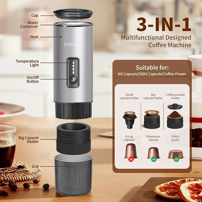 Leozora 20Bar Portable Espresso Machine, 7500mAh USB-C Rechargeable, 3-in-1 for Ground Coffee & Nespresso/DG Capsules, Stainless Steel Travel Coffee Machine for Camping, Car, Office,Silvery