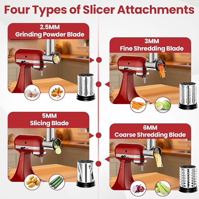 Stainless Steel Slicer Shredder Attachment for KitchenAid Stand Mixers, Large Vegetable Slicer Cheese Grater Attachment for Kitchenaid, Salad Maker Grinding Powder with 4 Blades