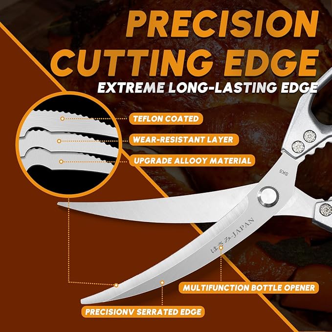 HUUSK Kitchen Scissors Set Silver - Stainless Steel Kitchen Shear, Sharp Meat Scissors Dishwasher Safe, Heavy Duty Poultry Shears, Japanese Cooking Scissor for Food, Christmas Gifts for Men Women
