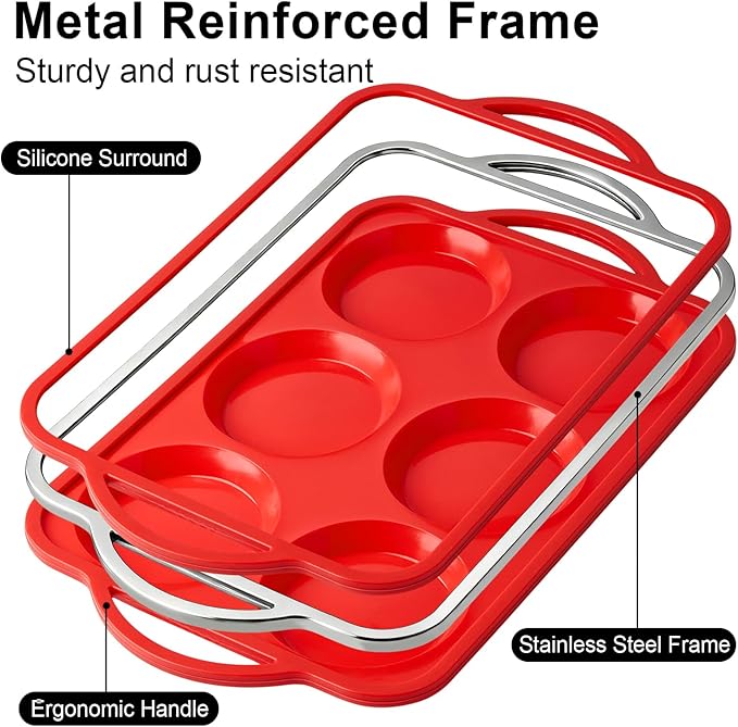 4 Inch Silicone Egg Mold for Breakfast Sandwiches with Metal Frame, Jumbo Size Muffin Top Pan, Silicone Egg Bite Baking Tray, BPA Free & Non-Stick