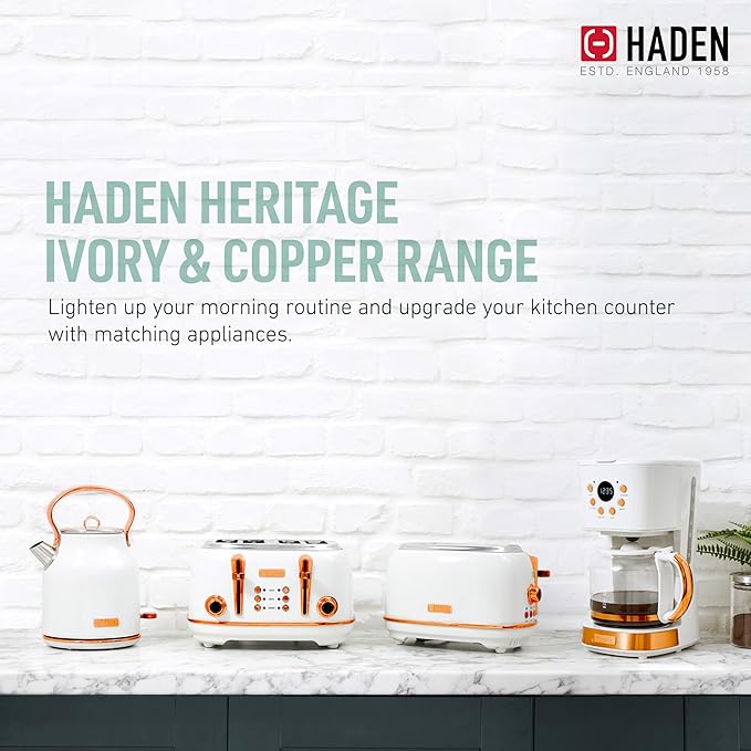 Haden Heritage 4 Slice Wide Slot Stainless Steel Toaster Bundled with 12 Cup Programmable Drip Coffee Maker Coffee Machine, Ivory & Copper