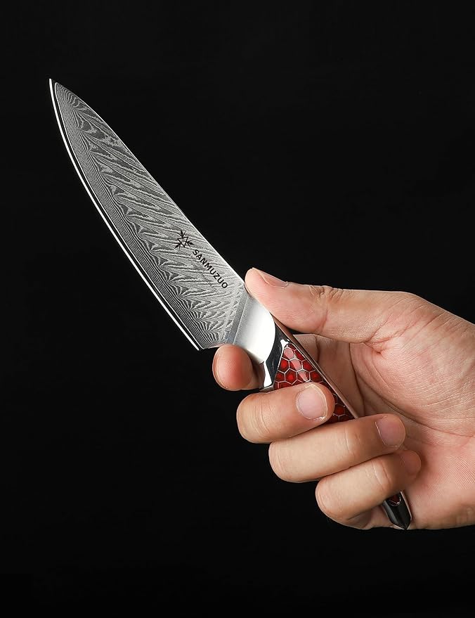 5 inch Utility Knife, Japanese VG-10 Damascus Steel Kitchen Knife, Ultra Sharp Fruit Knife with Full-tang Handle in Red Resin, LA-S9 Series