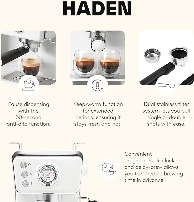 HADEN Barista Brew Espresso Coffee Machine, Stainless Steel Espresso Maker with Milk Frother and Steamer Function and 1.5L Water Tank, Ivory & Copper