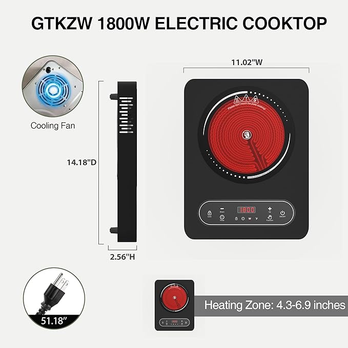 Electric Cooktop 1800W: Single Burner Portable Electric Stove 110V with LED Touch Screen 10 Power Levels, Hot Plate with Child Safety Lock, Timer and Overheat protection, Compatible with All Cookware
