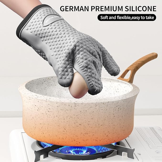MAD SHARK Silicone Oven Mitts Heat Resistant 450 Degrees,Waterproof & Non-Slip Oven Gloves with Fingers,Cotton Lined Silicone Oven Gloves Kitchen Mitts for Baking Cooking Barbecue,Women,Oven (GREY1)