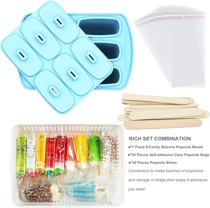 Bangp Popsicle Molds 6 Pieces,Silicone Ice Pop Molds BPA Free,Homemade Popsicle Maker,Reusable Easy Release Ice Pop Maker for Kids,with 50 Popsicle Sticks and 50 Popsicle Bags(Blue)
