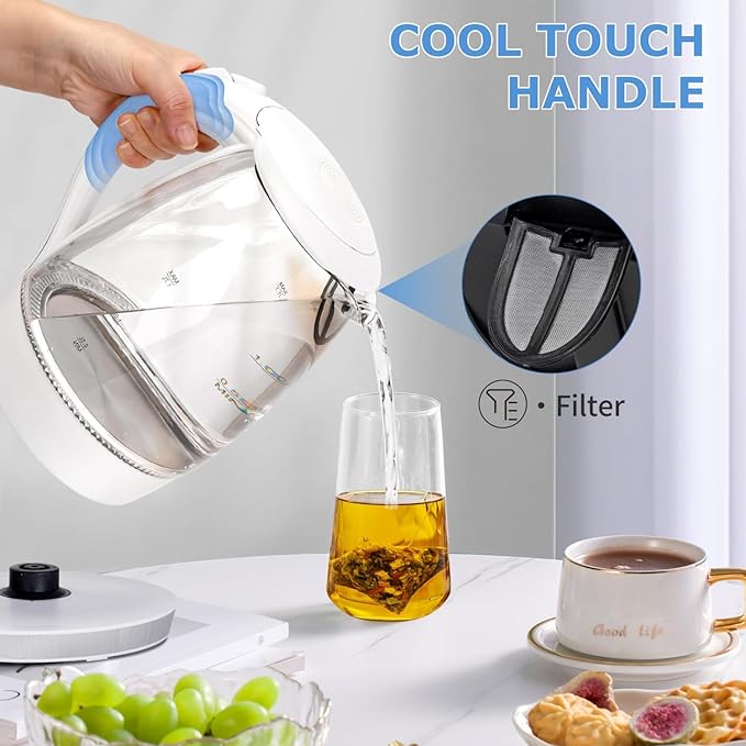 Aigostar Electric Kettle, 1500W Glass Electric Tea Kettle Rapid Heating, Borosilicate Glass, Auto Shutoff and Boil-Dry Protection, Hot Water Boiler BPA Free and Cordless with LED Indicator, 1.7 Liter