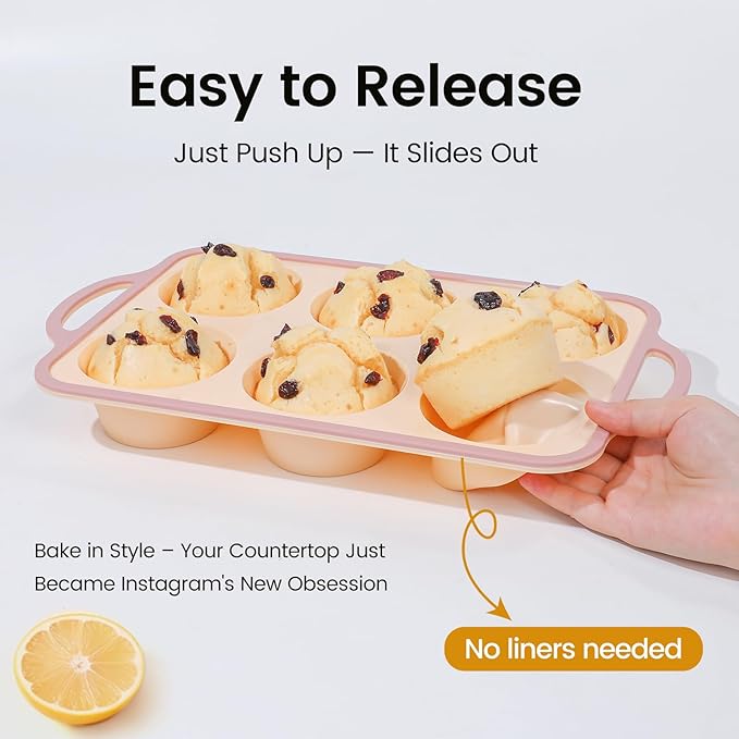 Silicone Jumbo Muffin Pan with Metal Frame, Non Stick Food Grade Silicone Large Muffin Pan, with Handles 6 Cup,BPA-Free and Dishwasher Safe, Jumbo Cupcake Pans - 2 Piece Yellow