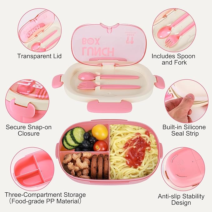 Bento Box Kids Lunch Box with Spoon & Fork - 28oz, 3 Compartment Sandwich Containers Travel Snack Boxes, Microwave/Dishwasher/Freezer Safe, BPA Free Meal Prep Food Storage Containers - Pink