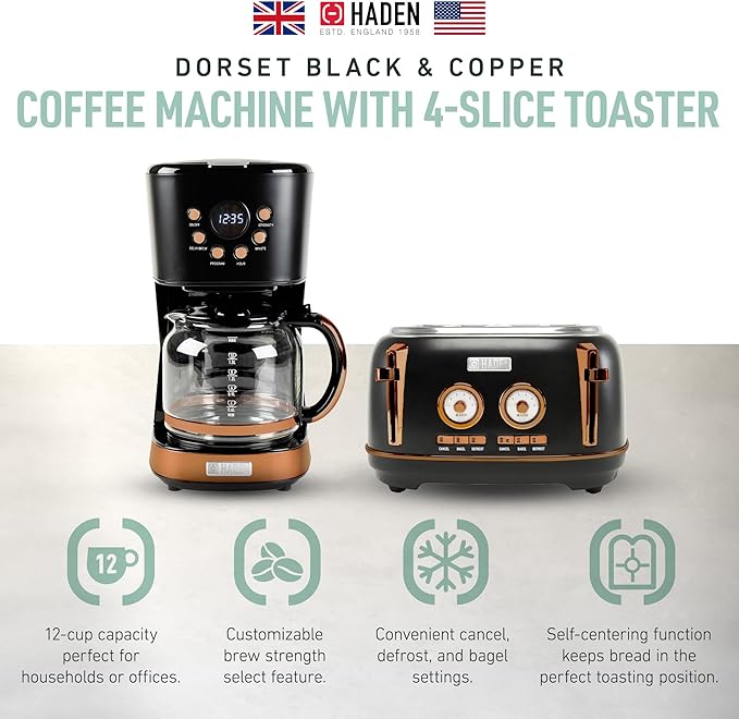 Haden Dorset 4 Slice Wide Slot Stainless Steel Toaster Bundled with 12 Cup Programmable Drip Coffee Maker Coffee Machine, Black & Copper