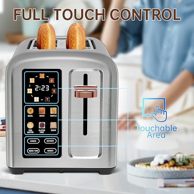 SEEDEEM Toaster 2 Slice, Touch Control Stainless Toaster LCD Display, 50% Faster Heating Speed, 1.4'' Wide Slots, More Timer Functions, Removable Crumb Tray, 1350W, Silver White