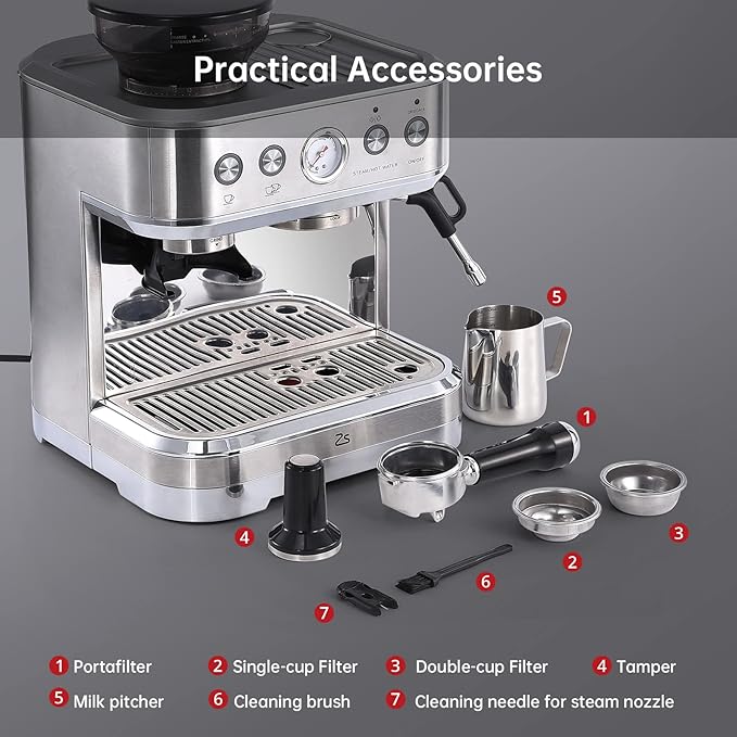 Garvee Espresso Machine with Milk Frother, All in One Cappuccino Latte Espresso Maker for Home Barista, Built-In Bean Grinder, 85 oz Removable Water Tank, Gifts for Dad Mom Coffee Lover