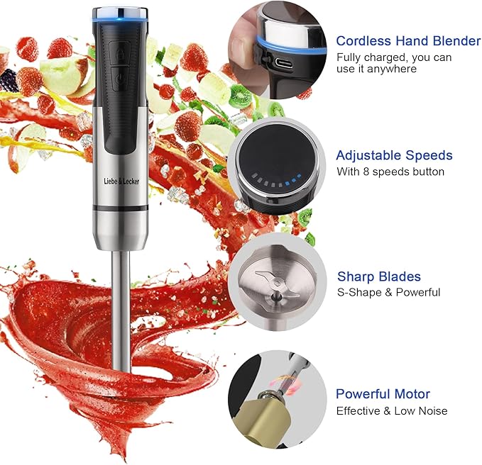 Liebe&Lecker Immersion Blender Cordless Handheld, 3 in 1 Cordless Hand Blender, 8 Speed Cordless Immersion Blender, Wireless Handheld Portable Mixer with Whisk Milk Frother for Soup Smoothie