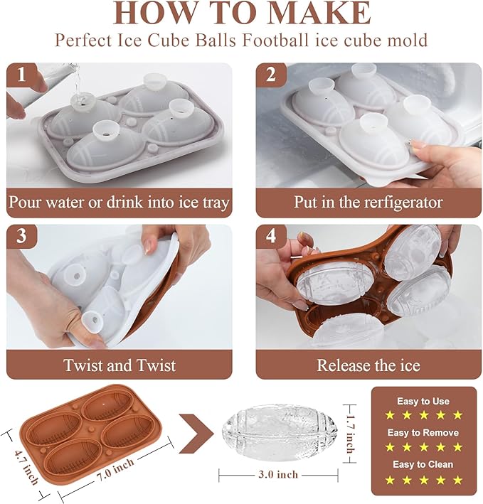 2.5 INCH Fun Shapes Football Ice Cube Mold,Large Ice Cube Molds | Football ice mold for Super Bowl Party,Football Gifts,Whiskey Ice Cubes Mold(bourbon ice cube molds) for Whiskey,Cocktails