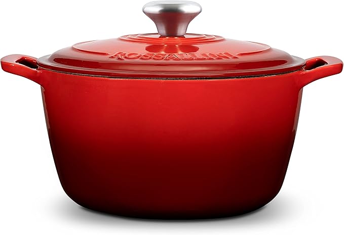 Signature Enameled Cast Iron Dutch Oven, Non-Stick Serving Pot with Tight Fitting Lid for Perfect Roasting, Baking, Sauteing, and Bread Making | 7.4Q (7L) - Red