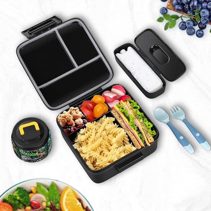 Bento Lunch Box for Kids With 8oz Soup thermo,Leak-proof Lunch Containers with 5 Compartment,thermo Food Jar and Lunch Bag, Food Containers for School (A-Black(Dinosaur Fossil))