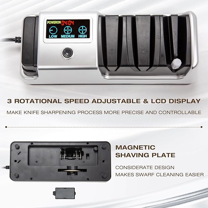 Silver Professional 3-Stage Electric Knife Sharpener for Kitchen Knives, LCD Screen, 100% Diamond Abrasive, Adjustable Rotational Speed, Precision Angle Guides for All Kitchen Knives