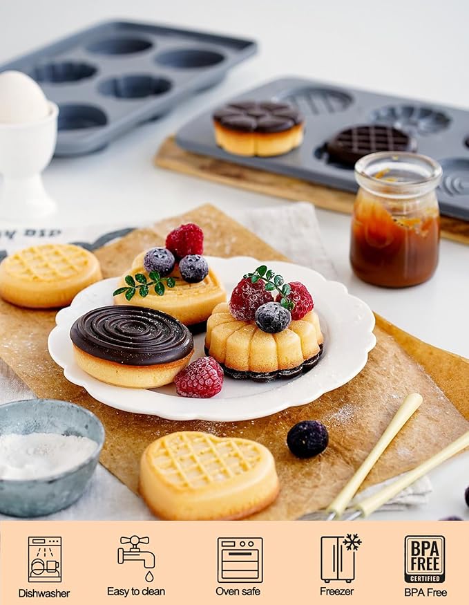 2 Pack Silicone Muffin Pan,Round &Heart Shape Cupcake Pans for Baking 6 Cavites Flower Macaron Waffle Silicone Baking Mold for Chocolate Candy Jello Desserts Making