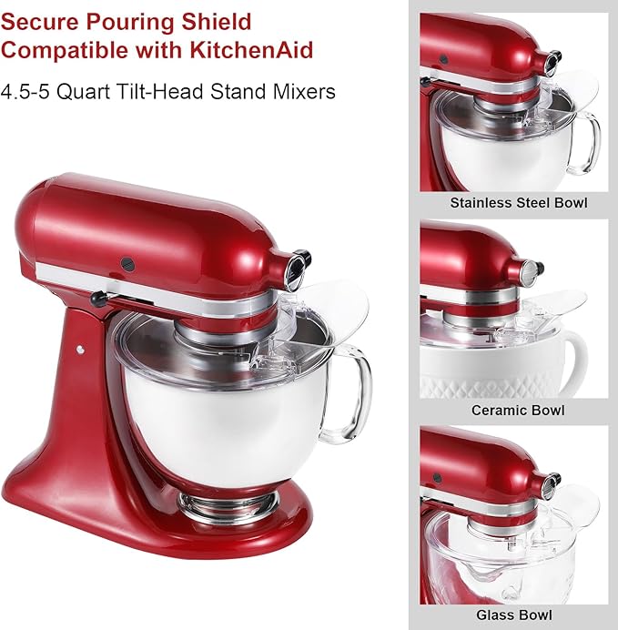 Pouring Shield for KitchenAid-Secure Pouring Shield with Removable Pour Spout for KitchenAid 4.5-5 Quart Tilt-Head Stand Mixers, Splatter Guard Fits for Stainless Steel, Glass, Ceramic Bowls