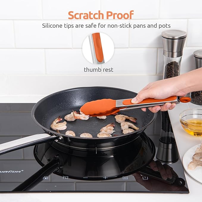 Heat Resistant Silicone Kitchen Tong: U-Taste 9 inch 480ºF Hot Proof Cooking Tong with Firm Sealed Non Stick Rubber Tips & Silicon Coated Steel Handle & Smooth Locking for Serving Grill Salad (Orange)