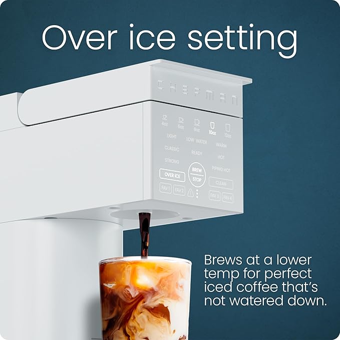 Chefman Caffeinator Single Serve Coffee Maker, Brew Kcups & Grounds, Drip Coffee Machine with Brew Strength Settings, Iced Coffee Function, 48 oz. Removable Water Reservoir - Includes 4 Filters