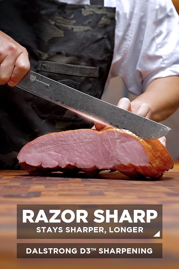 Dalstrong Meat Slicer Knife - 11”-Scorpion Series - Venom Edition - Japanese Steel Chef Knife - Spiral Sandstorm Blade Pattern - Black Honeycomb Resin Handle - w/Leather Sheath