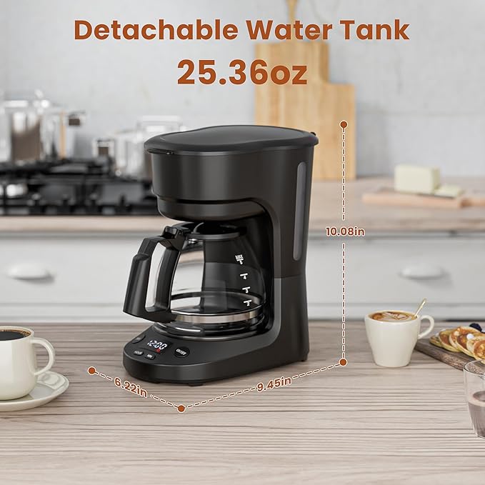 WAA 5 Cup Drip Coffee Maker, Portable Coffee Machine with Programmable Timer, Coffee Pots with Reusable Filter, Auto Shut-Off and Keep Warm Plate, Delay Brew, 25oz Water Tank, Black