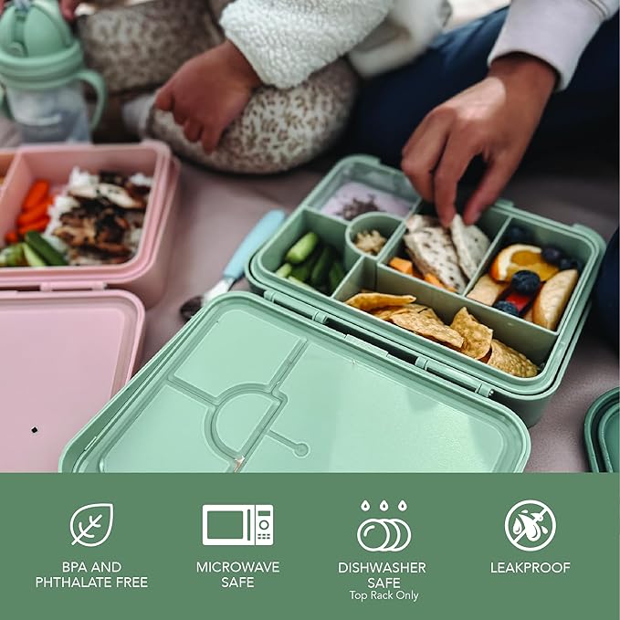 nouka Grand Bento Box | Easy to open latches | Spill Proof Design | 6-Compartment Removable Tray | Moss