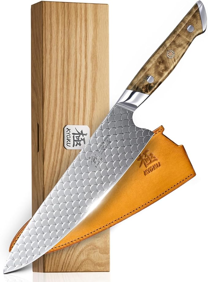 KYOKU 8" Chef Knife with Non-Stick Koi Scale Pattern, Japanese VG10 Stainless Steel Chef's Knife with Sheath & Gift Box, Shogun Koi Series Full Tang Professional Kitchen Knife with Camphorwood Handle