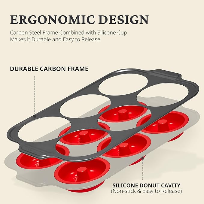 BRONYPRO Silicone Donut Pan for Baking with Metal Frame, 3.35 Inch Large doughnut pan,donut molds for baking Nonstick Non Toxic Bakeware for Oven, Red