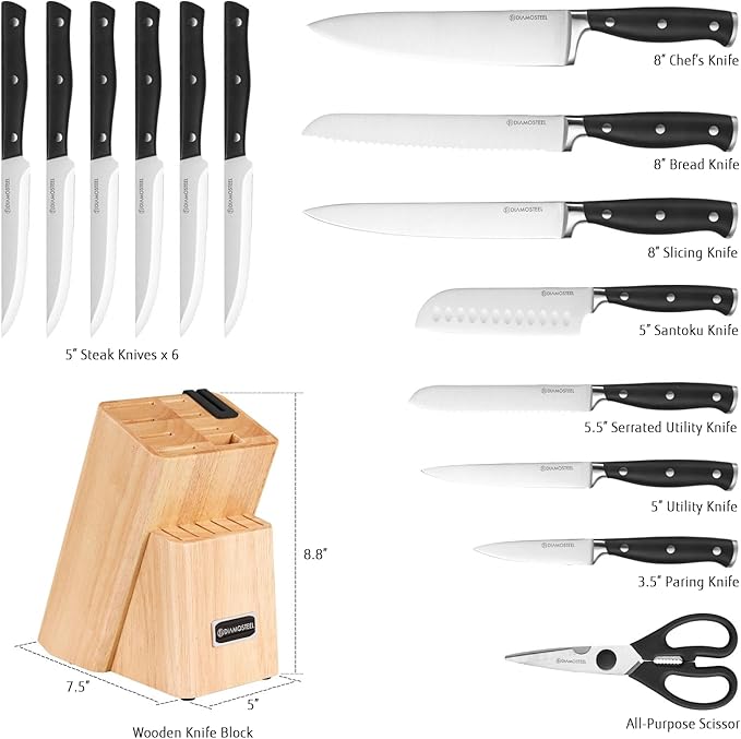 Black Knife Set, 15-Piece Knife Block Set with Built-in Sharpener Scissors for Kitchen, Dishwasher Safe Knives set Ideal Present for Family & Restaurant