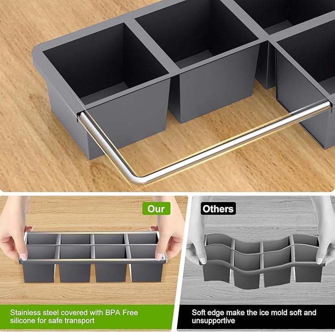 Samuelworld Large Silicone Ice Cube Tray Molds, 2-Pack, Big 2 Inch Cubes - Food Grade, Flexible, 8 Cavity Easy Release Slow Melting Ice for Whiskey, Cocktails, Gifts & Christmas - Grey