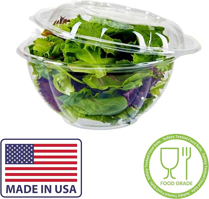 Mr Miracle Clear 18 Ounce Plastic Salad Bowls with Snap-On Lids. Pack 50. Airtight Disposable Salad Containers for Lunch, Meal Prep, Parties. Ideal as Disposable Salad Bowls with Lids
