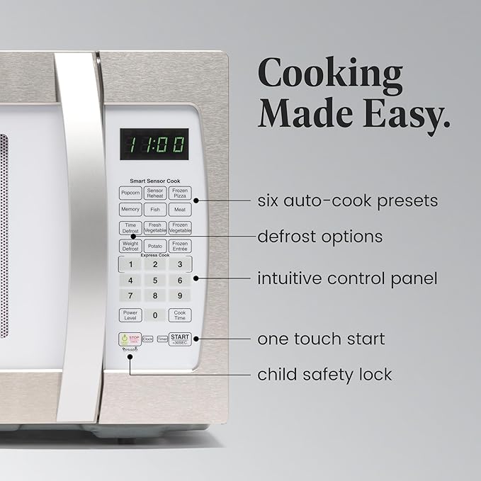 Farberware 1.3 Cu. Ft. Countertop Microwave Oven – 1100 Watts Power, Smart Sensor Auto Cook Settings, Defrost, Easy Clean and Child Safety Lock - White Platinum