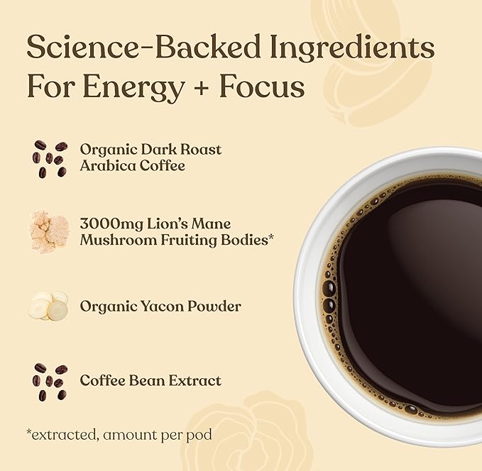 High Caffeine Mushroom Coffee K-Cups by Four Sigmatic | Organic Dark Roast Coffee with Lion’s Mane & Chaga | Focus & Immune Support | Vegan & Keto | Sustainable Pods | 24 Count