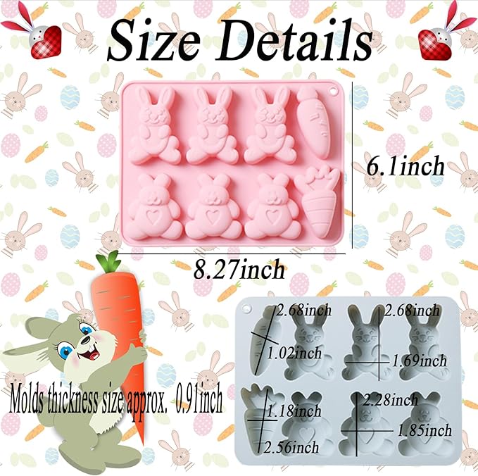 2 Pcs Easter Silicone Molds, 8- Cavity Non-Stick Bunny Carrot Baking Molds, Chocolate Cake Molds, for Making Candy, Soap, Ice Cube, Pudding, Jelly, Soap, Cake Topper Decoration
